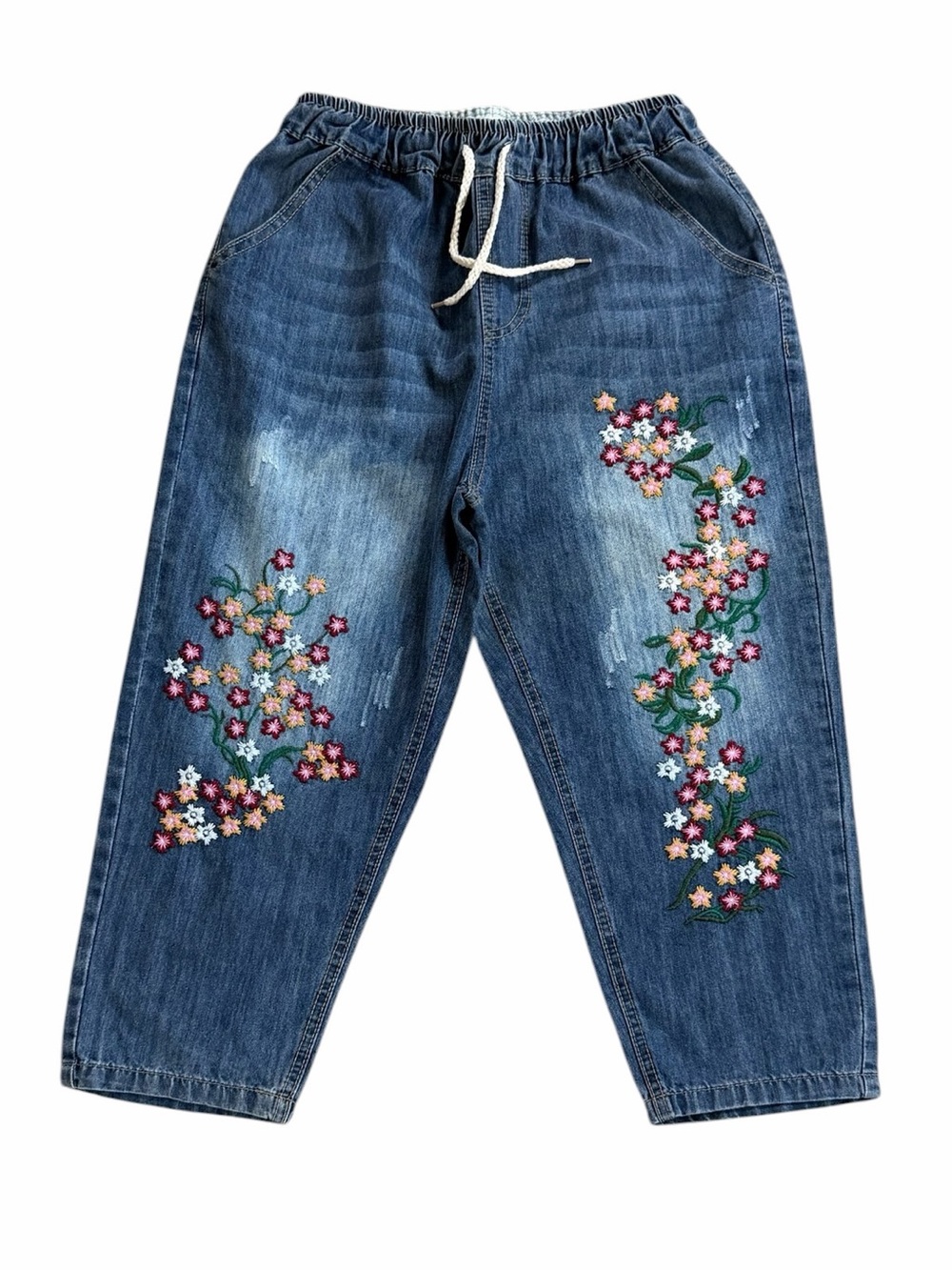Aitailan Floral Embroidery Elastic Waist High Rise Boyfriend Crop Jeans‎ Large - Picture 4 of 10